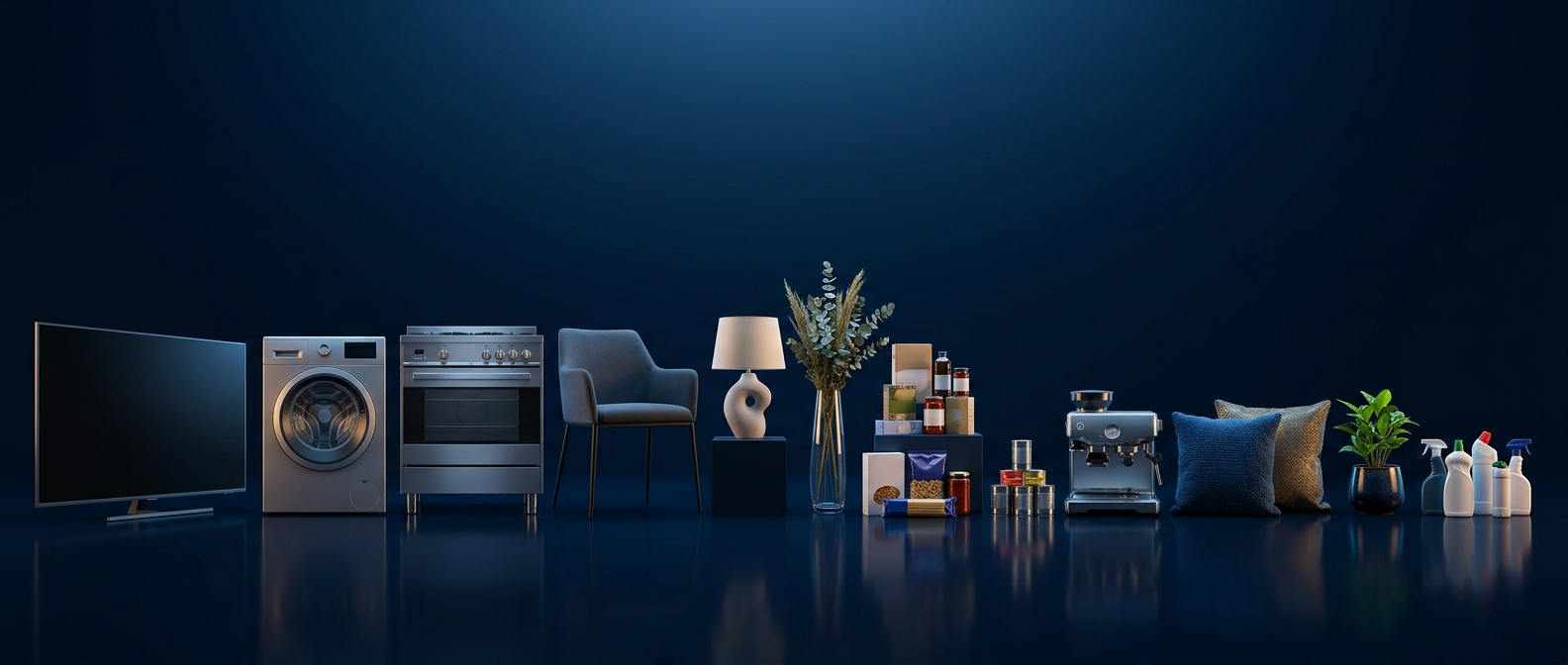 TVs, washing machines, ovens, furniture, home accessories, FMCG products